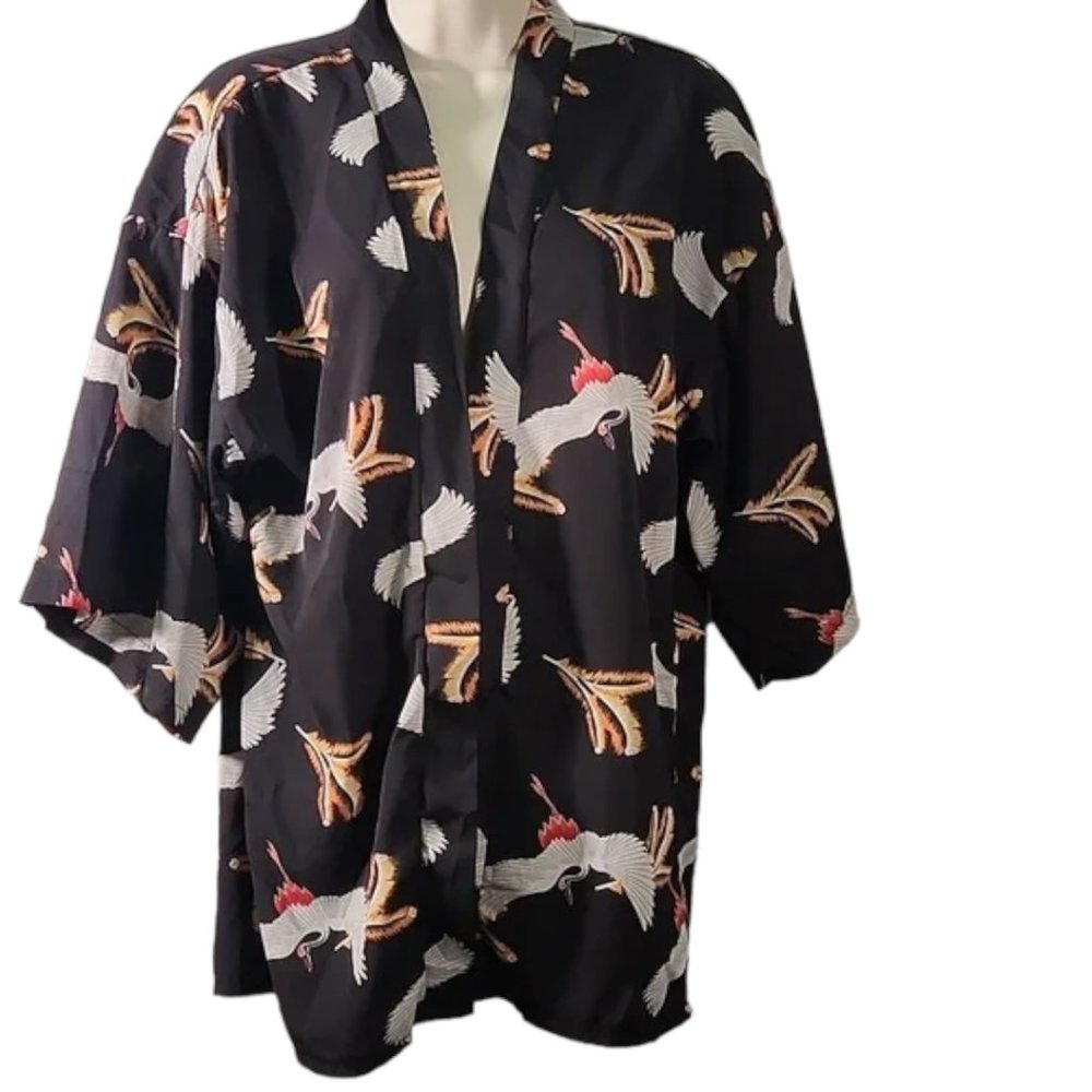 Vintage Muzicun women short Japanese kimono robe Crane birds